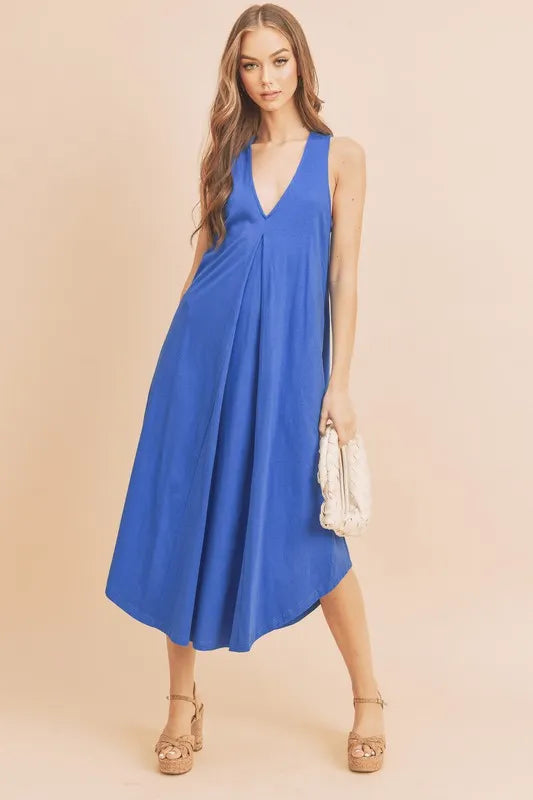 Front Pleat Detail V-Neck Sleeveless Midi Dress