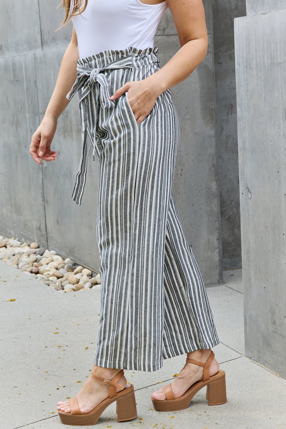 Full Size Paper bag Waist Striped Culotte Pants