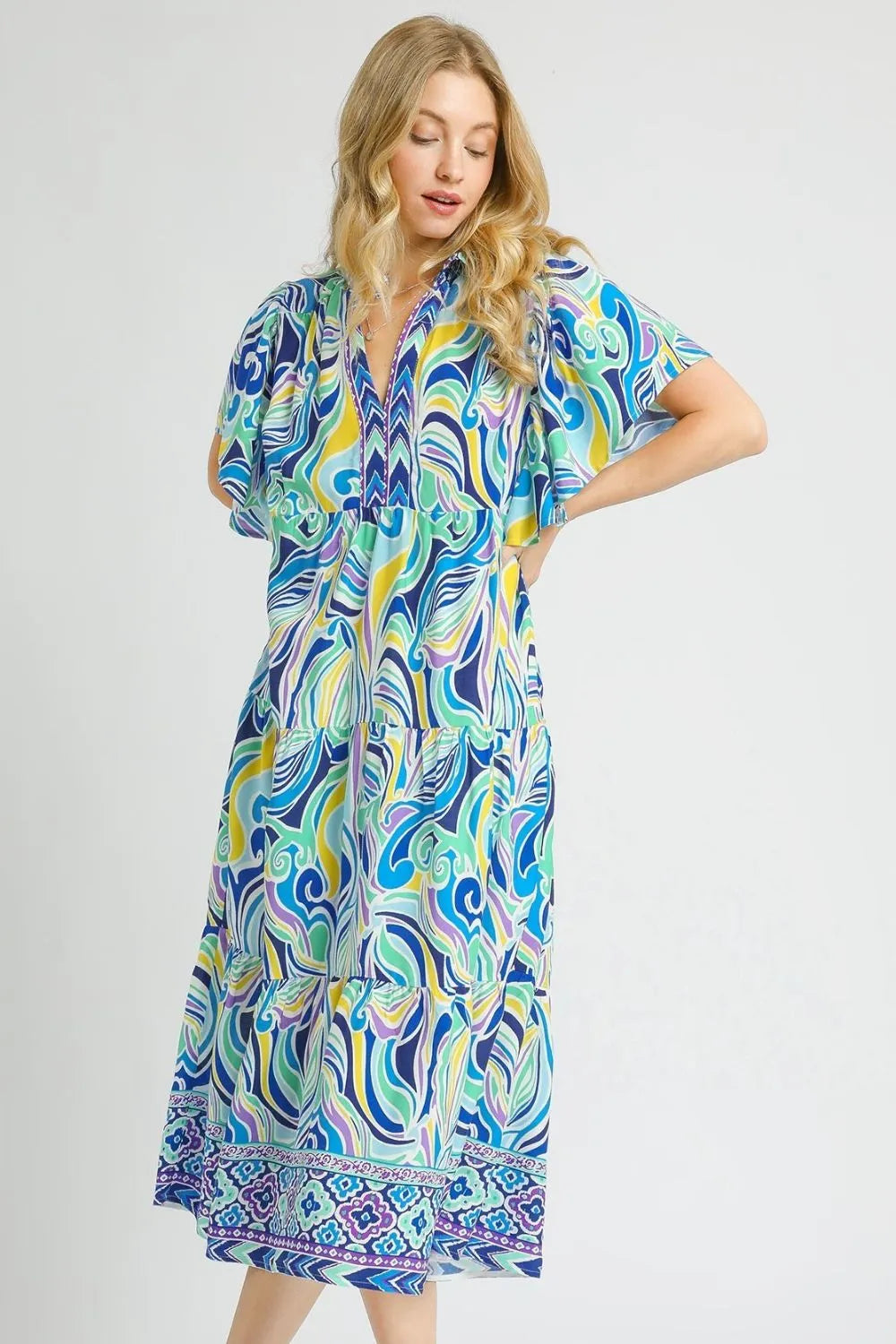 Printed Short Sleeve Tiered Midi Dress