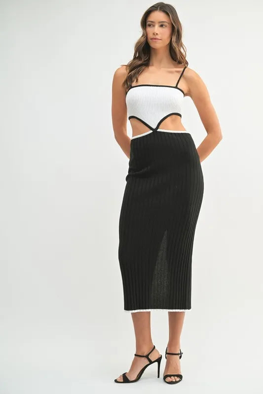 Ribbed Knit Colour Block Cut-out Midi Dress