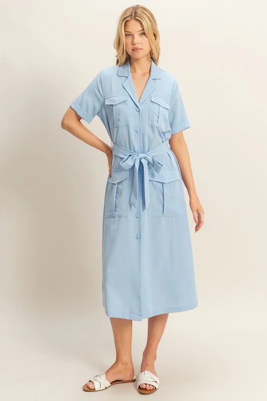 Button Front Belted Safari Midi Dress