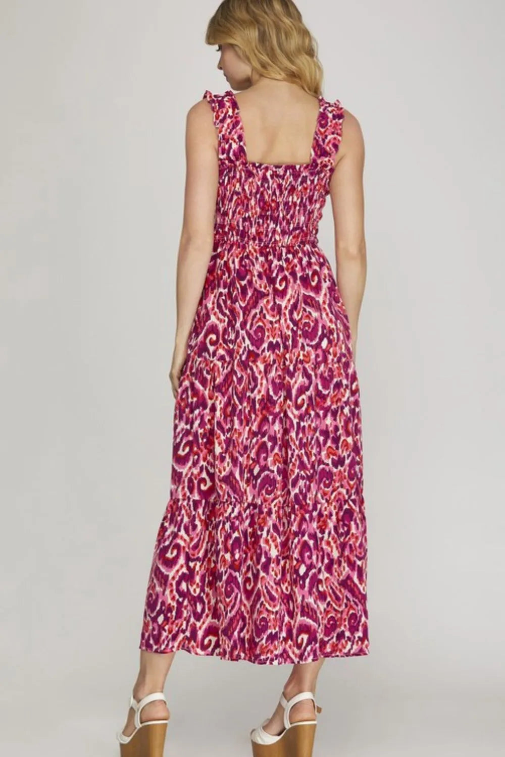 Smocked Printed Wide Strap Tiered Dress Plus Size