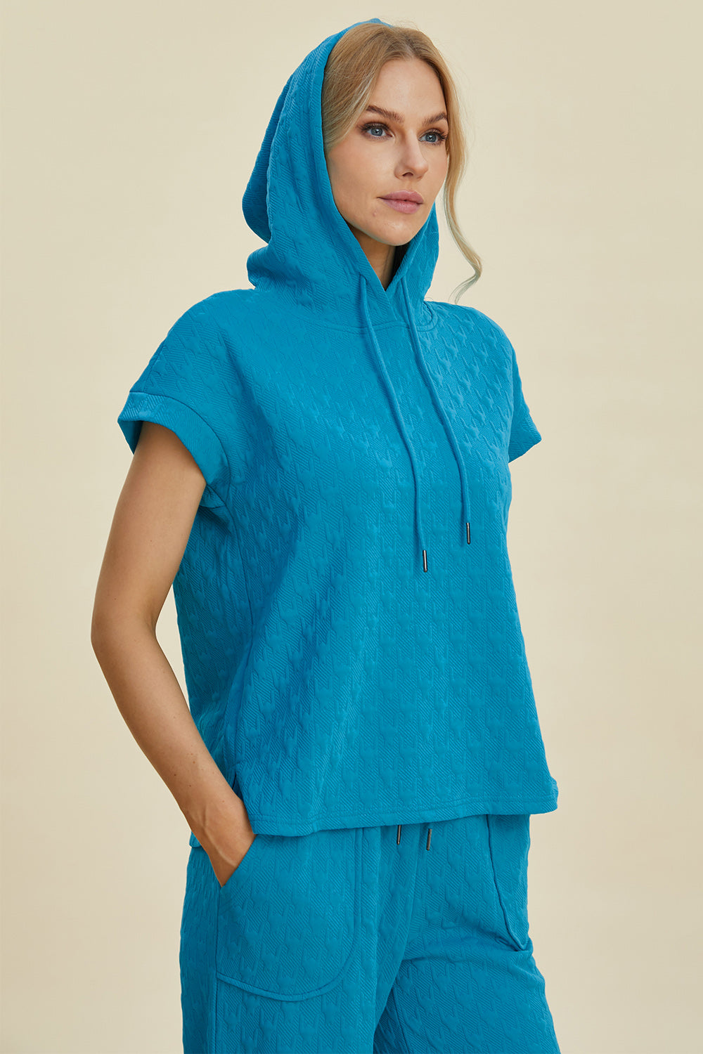 Full Size Texture Drawstring Short Sleeve Hoodie and Pocketed Pants Set
