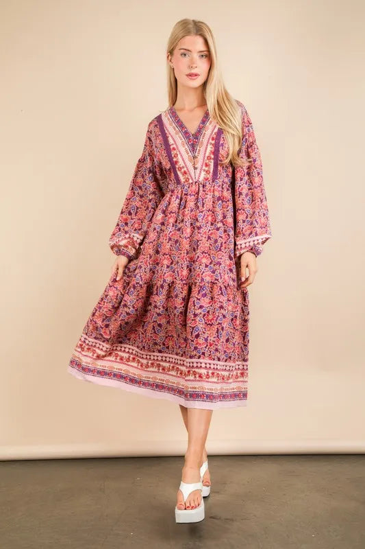 Floral Printed Boho V-Neck Balloon Sleeve Dress