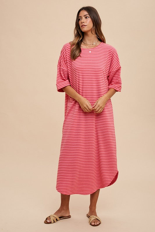 Striped Round Neck Terry Midi Dress