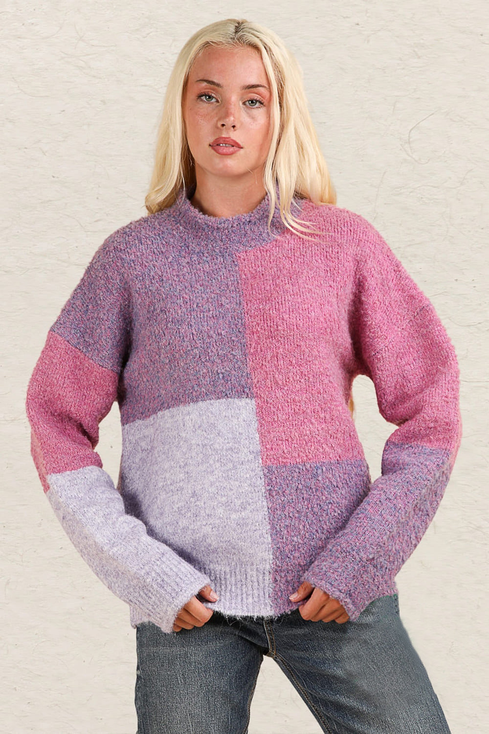 Colour Block Mock Neck Drop Shoulder Sweater