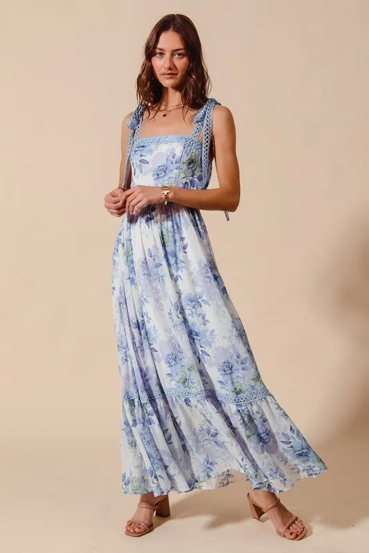 Floral Print Flowy Maxi Dress with Lace Ribbon Tie
