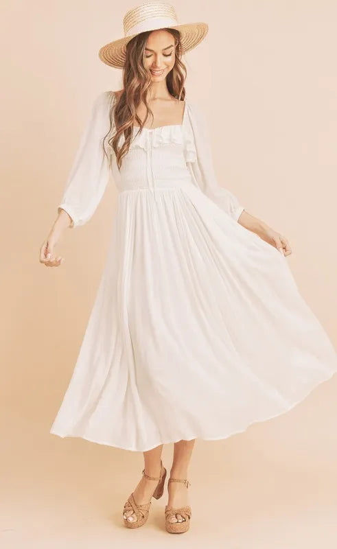 Ruffled Smocked Square Neck Balloon Sleeve Dress