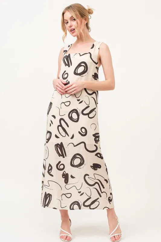 Square Neck Abstract Printed Maxi Dress