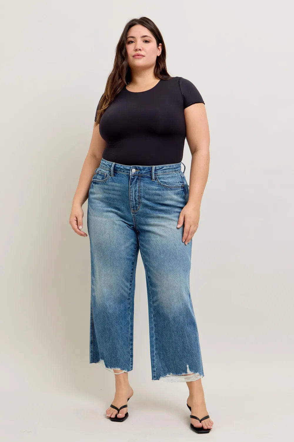 Judy Blue Plus Size High Waist Rigid Magic Destroy Hem Crop Wide | Judy Blue,Ship from USA