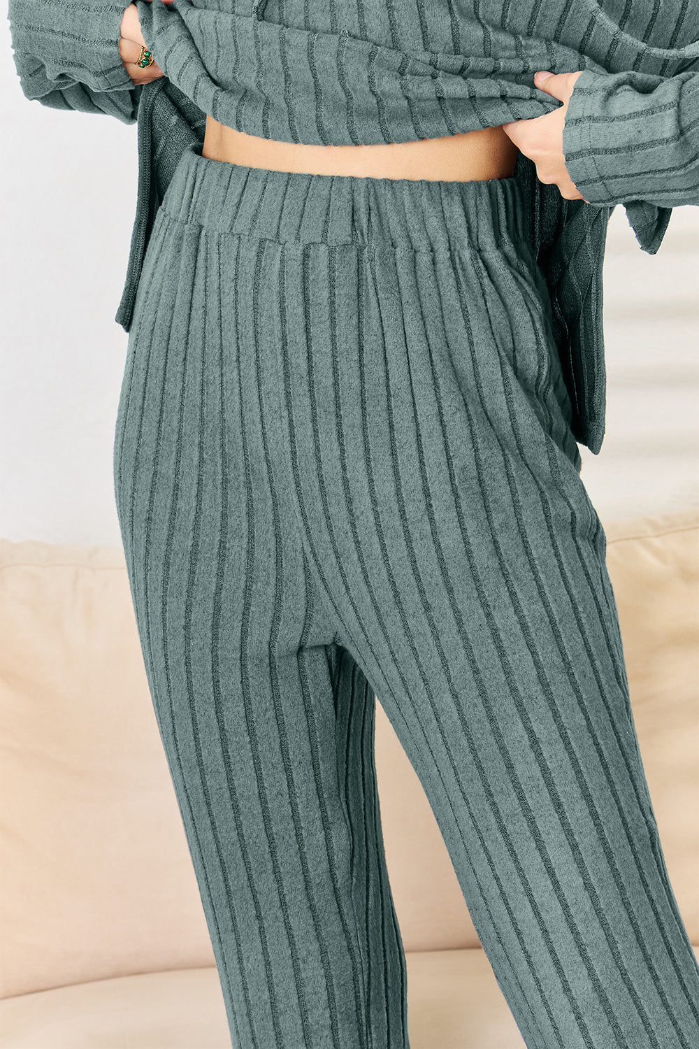 Full Size Ribbed Drawstring Hooded Top and Straight Pants Set