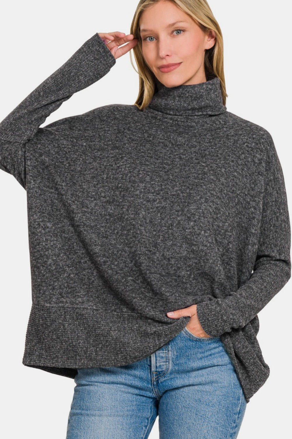 Full Size Brushed Melange Hacci Turtleneck Sweater..