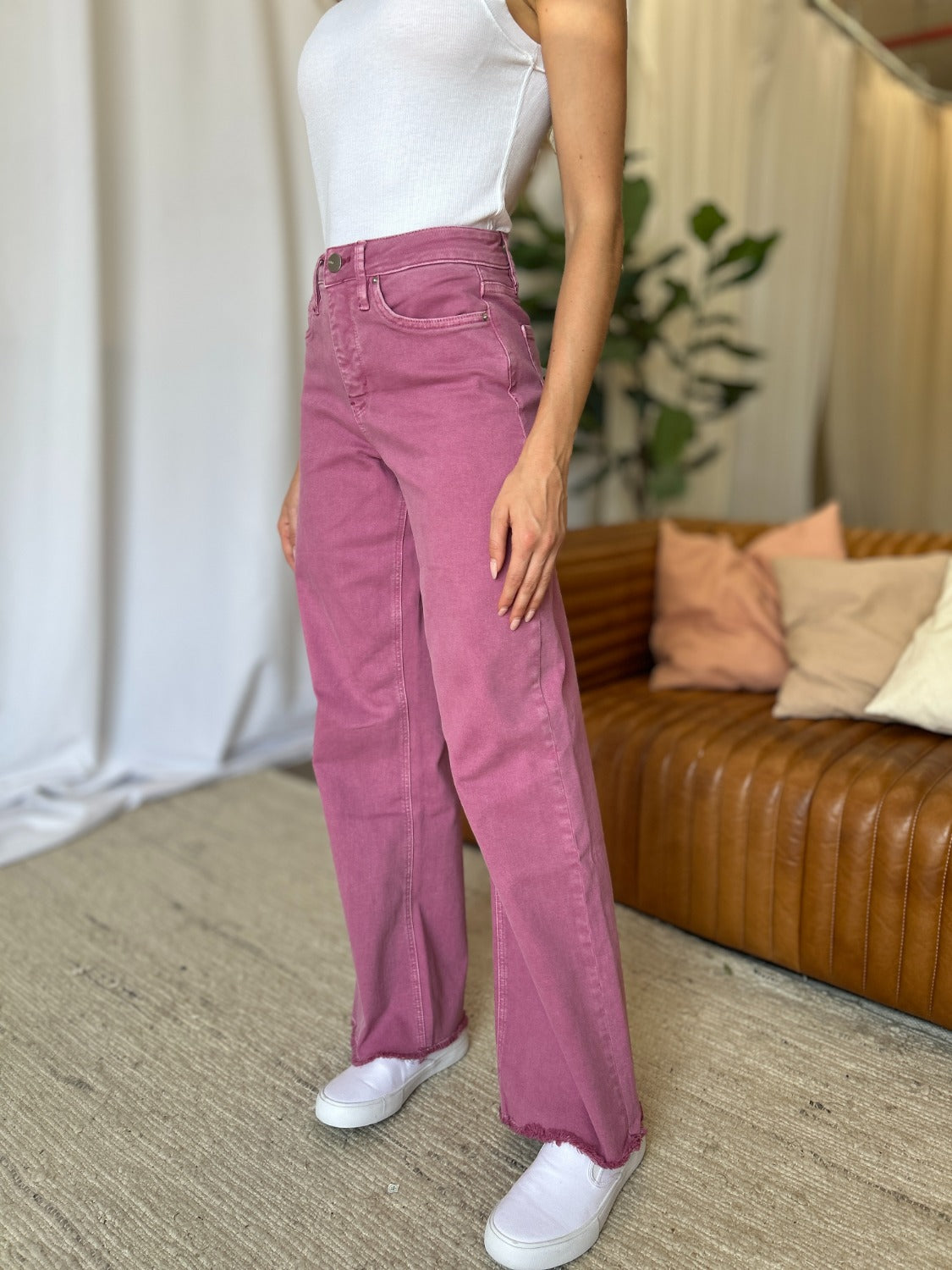 Full Size High Rise Garment Dye Wide Leg Jeans
