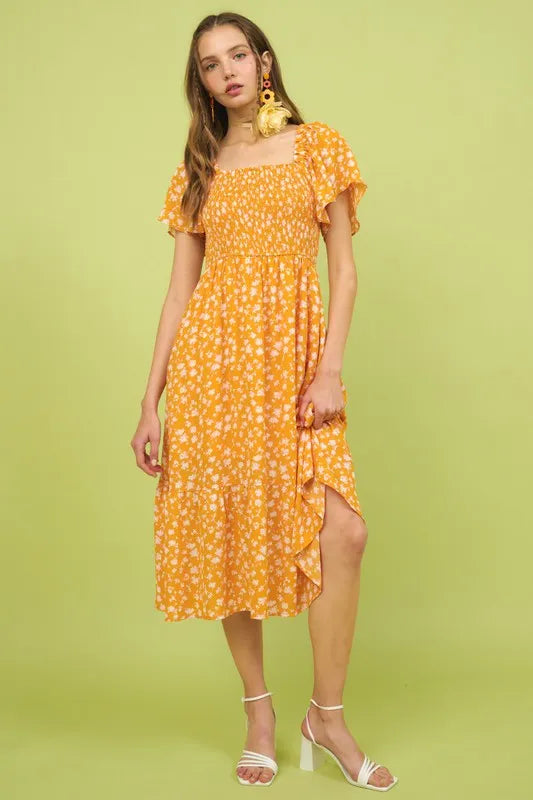 Flower Print Flutter Sleeve Smocked Midi Dress