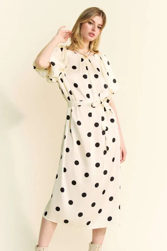 Polka Dot Puff Sleeves Waist Tie Midi Dress