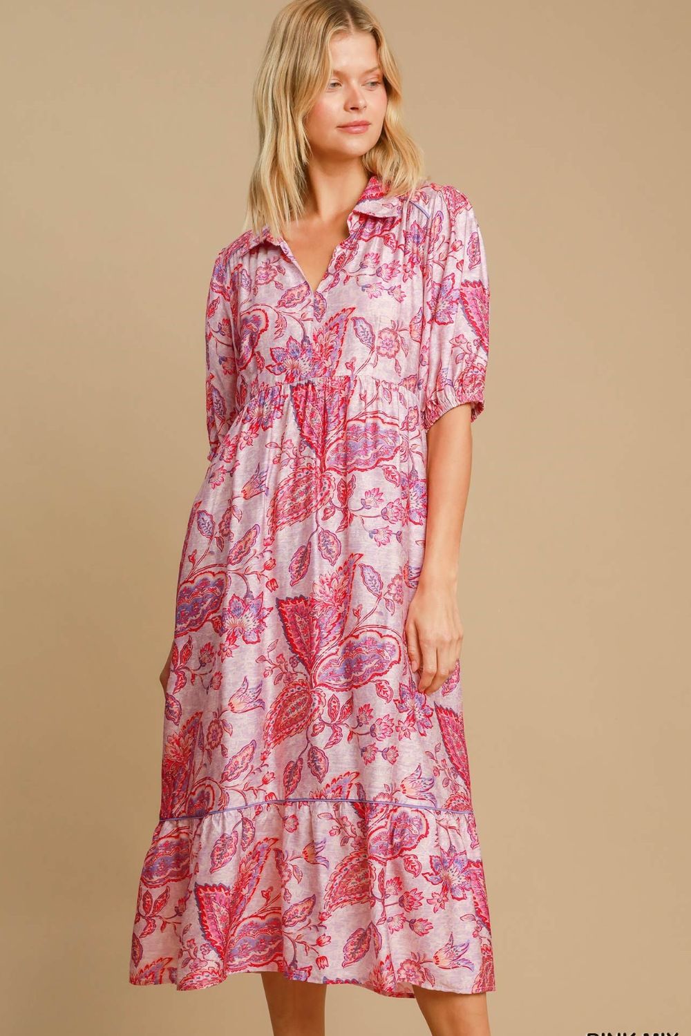 Ruffled Hem Floral Paisley Print Half Sleeve Midi Dress Plus Size