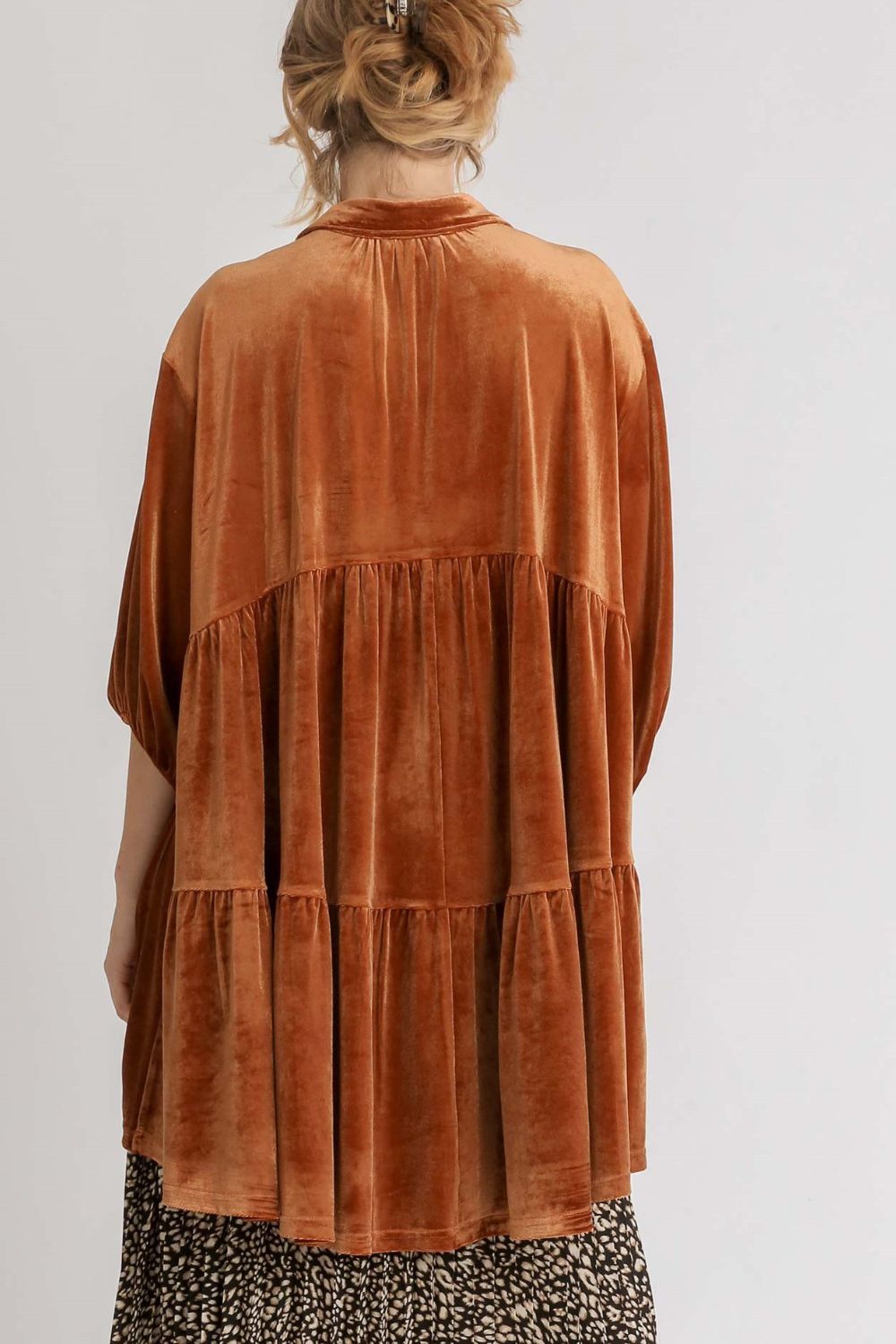 Button Down Tiered Back High Low Shirt