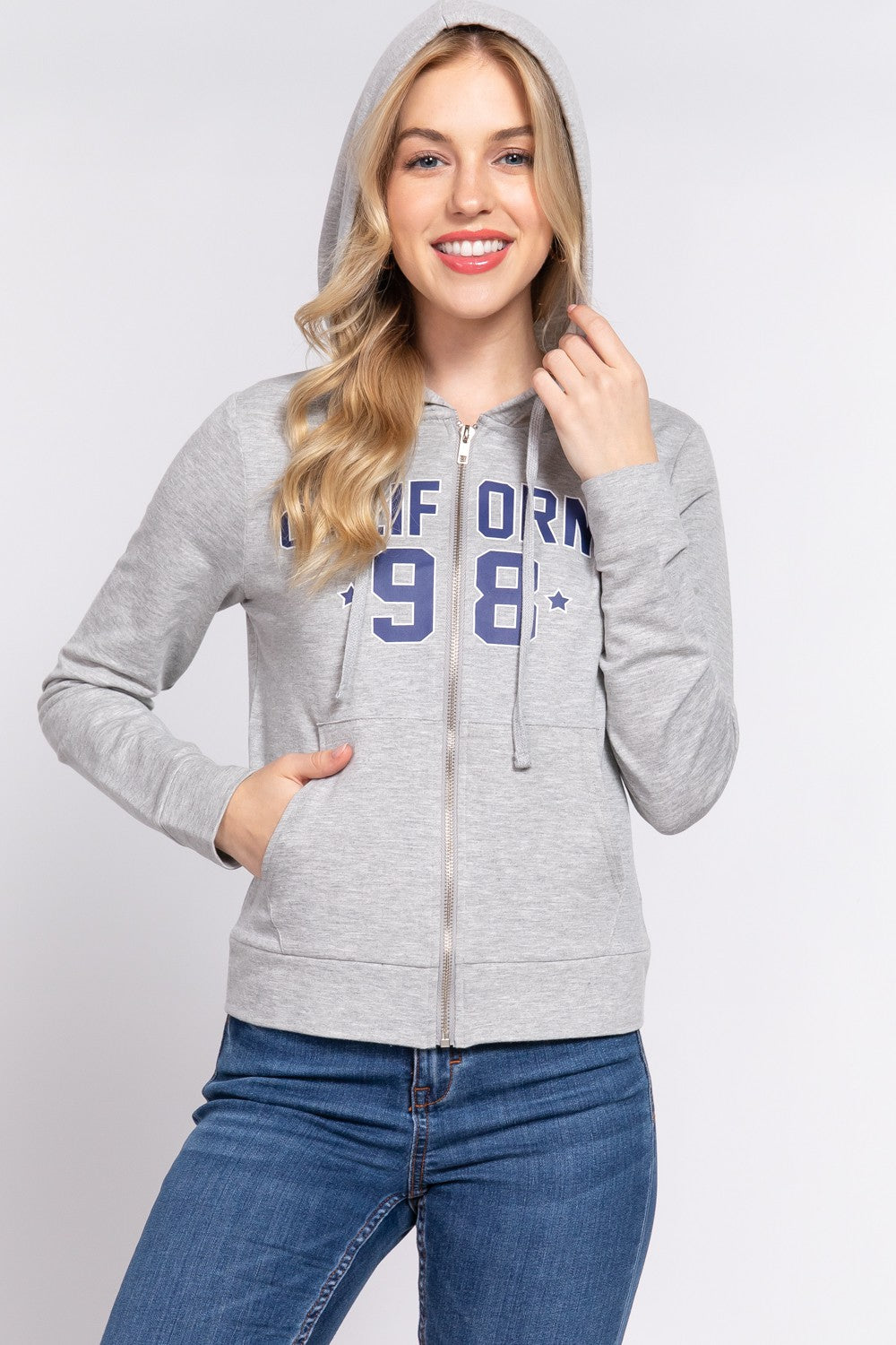 Clifornia Zip Up Drawstring Long Sleeve Hoodie