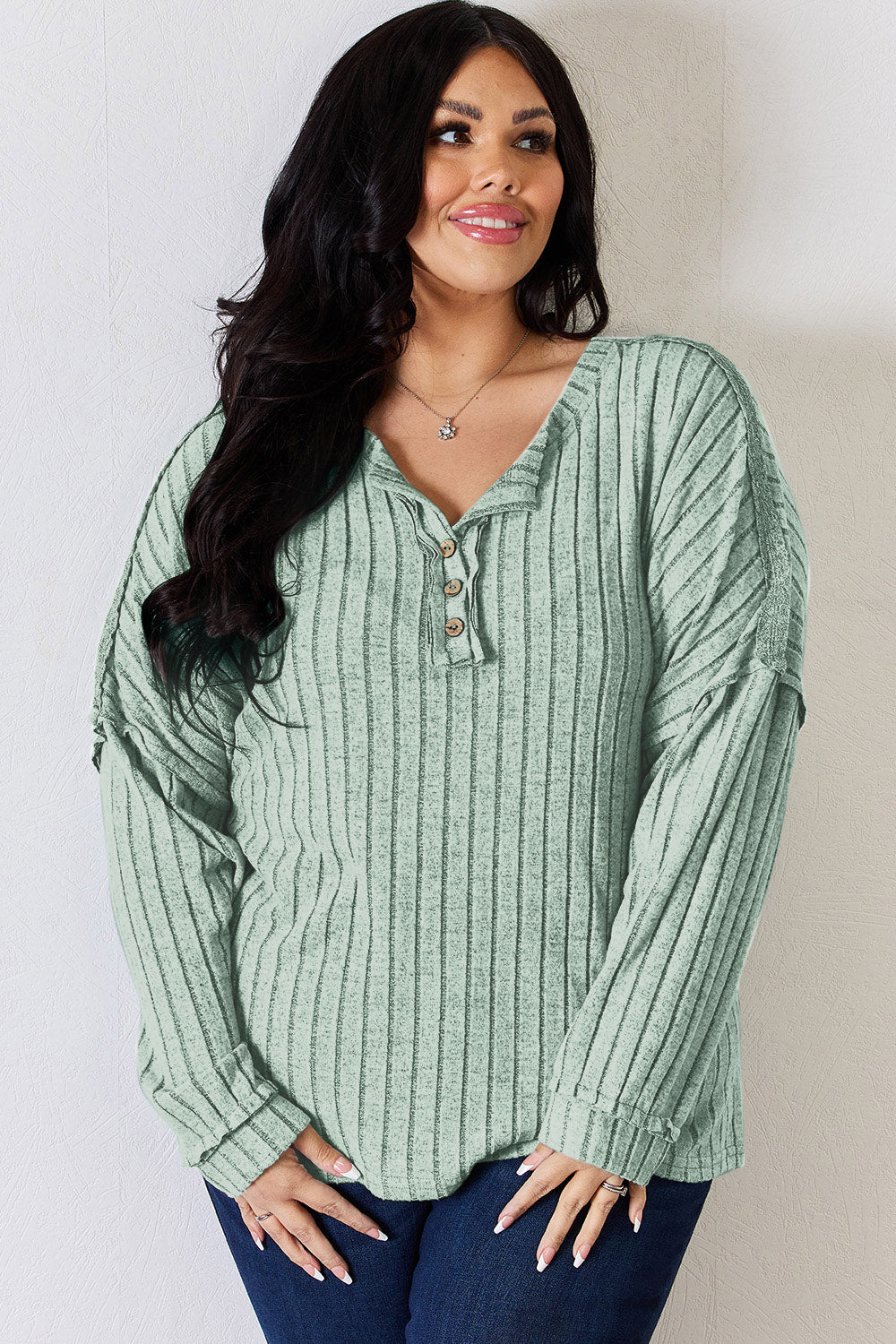 Full Size Ribbed Half Button Long Sleeve T-Shirt