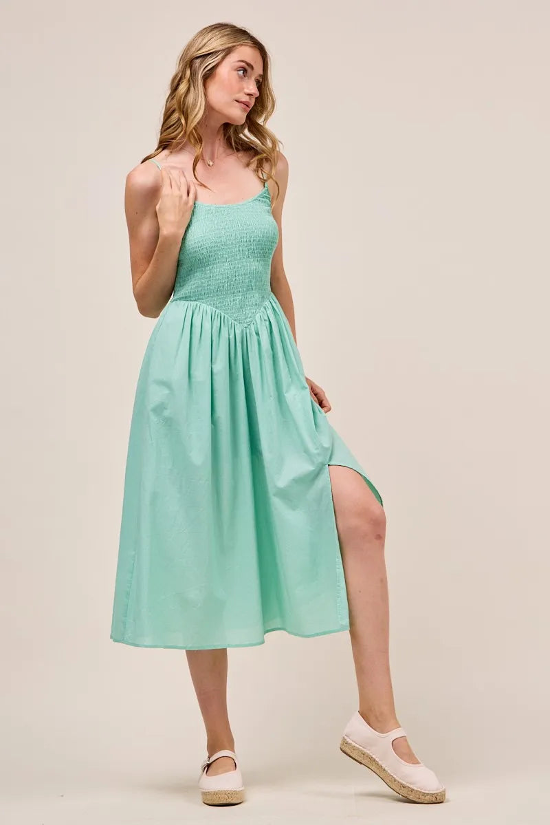Smocked Sleeveless Casual Everyday Dress With Slit