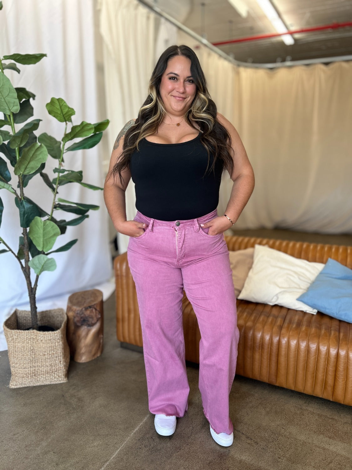 Full Size High Rise Garment Dye Wide Leg Jeans