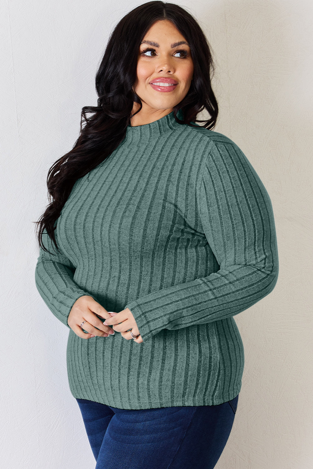 Full Size Ribbed Mock Neck Long Sleeve T-Shirt