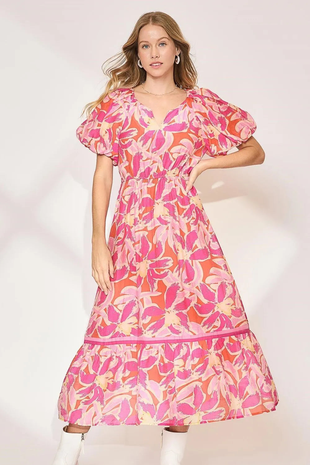 Floral Notched Puff Sleeve Midi Dress