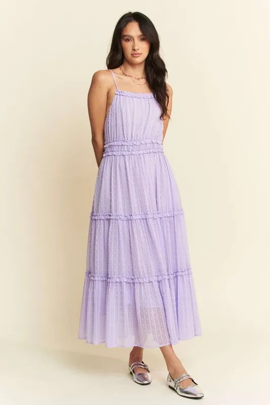 Texture Swiss Dot Ruffle Square Neck Midi Dress