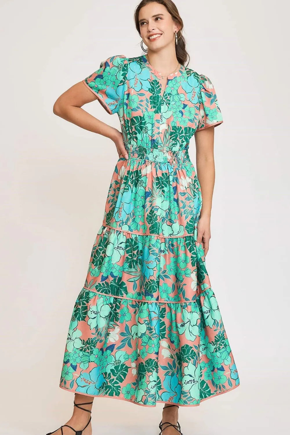 Printed Notched Short Sleeve Tiered Dress Plus Size