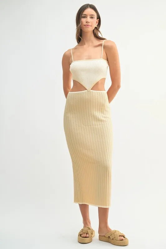 Ribbed Knit Colour Block Cut-out Midi Dress