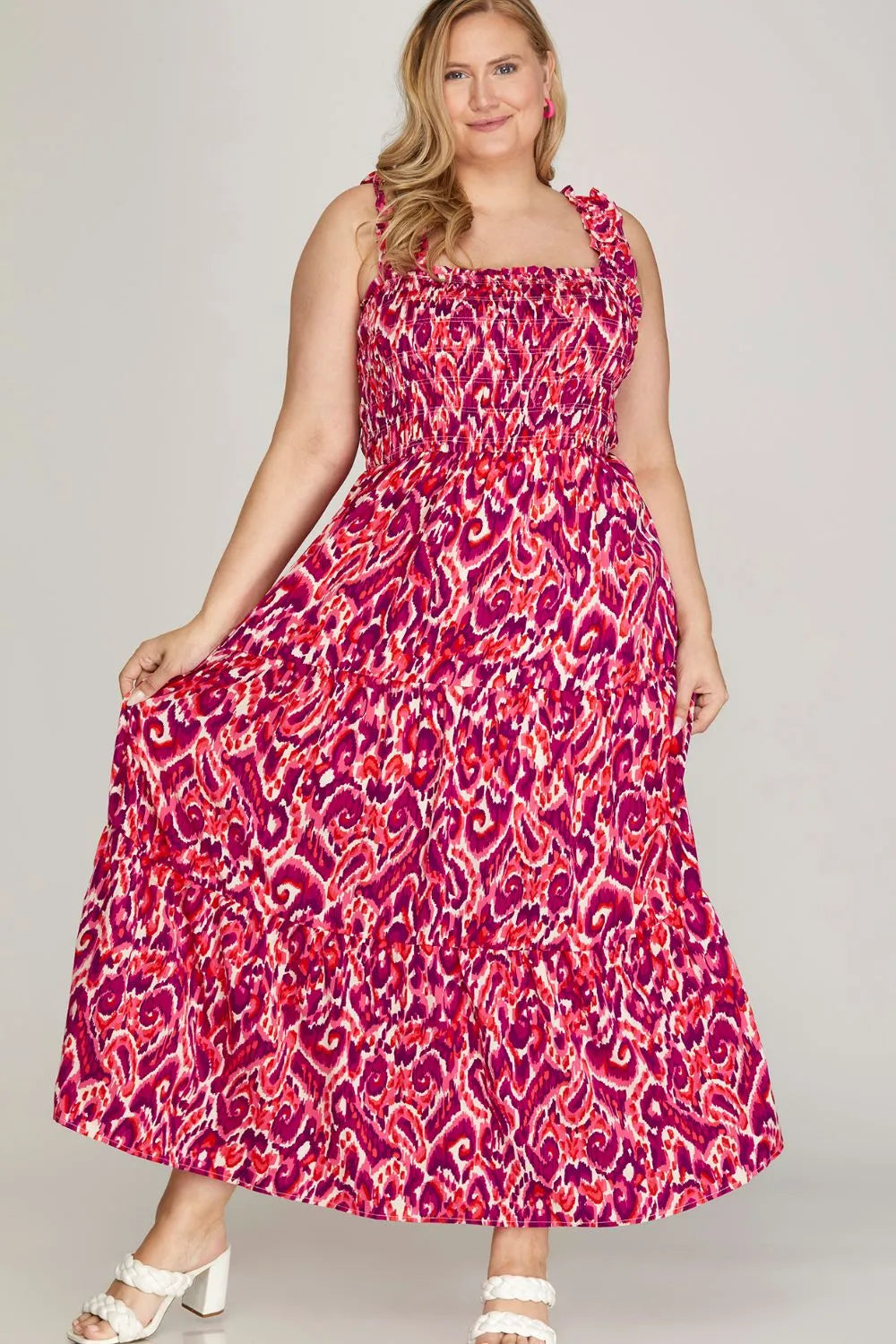 Smocked Printed Wide Strap Tiered Dress Plus Size