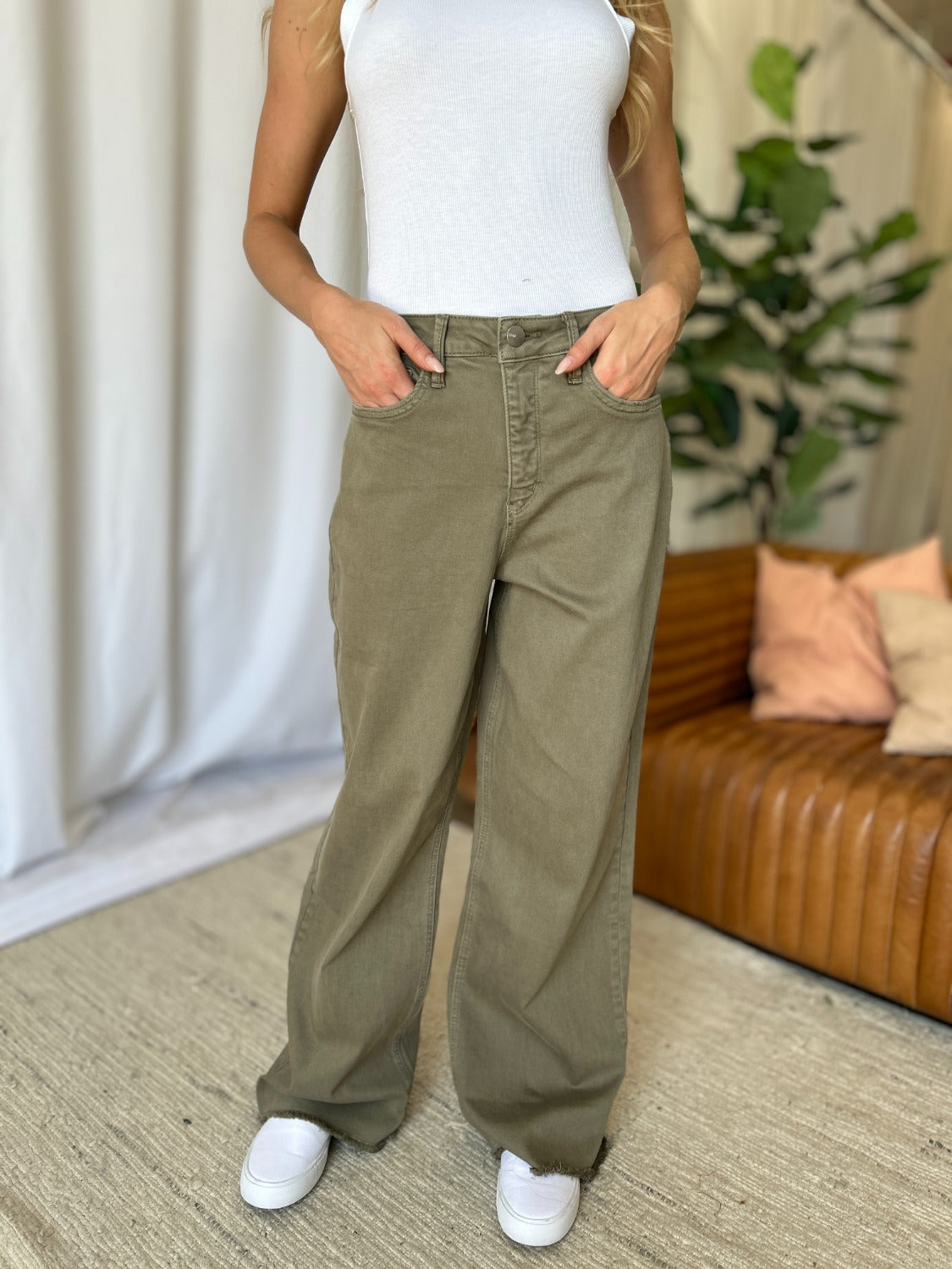Full Size High Rise Garment Dye Wide Leg Jeans