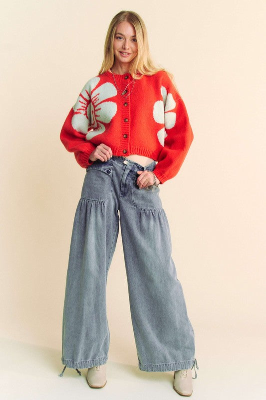 Flower Contrast Round Neck Long Sleeve Cardigan...