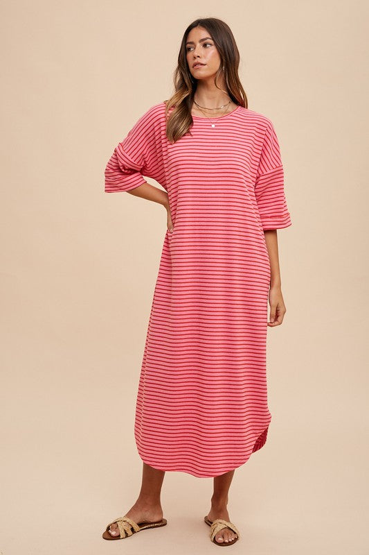 Striped Round Neck Terry Midi Dress