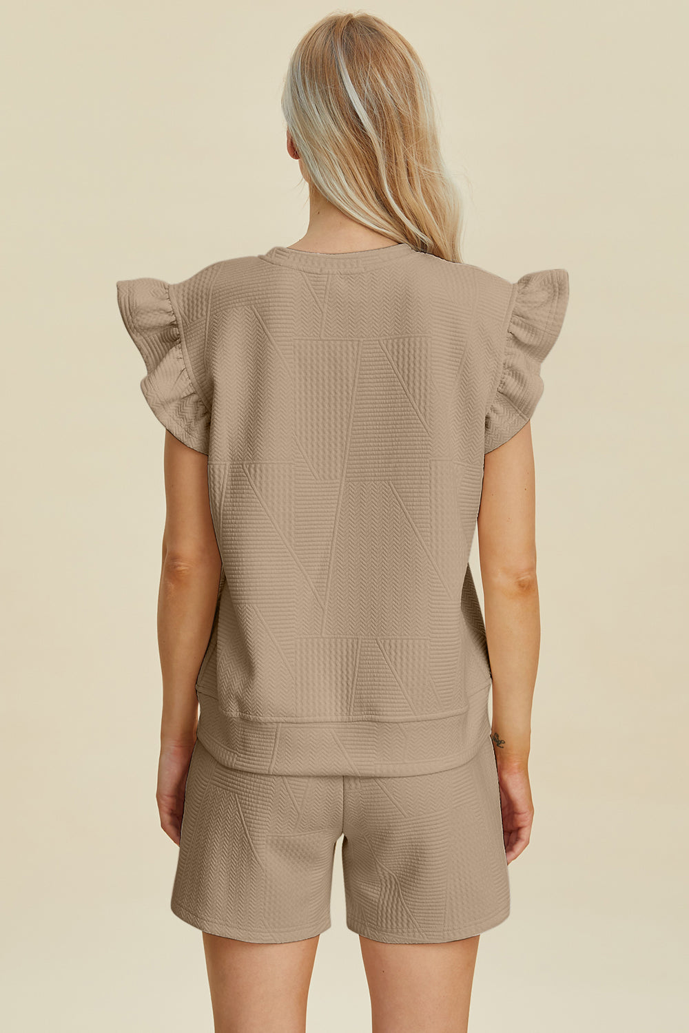 Full Size Texture Round Neck Ruffle Sleeve Top and Shorts Set