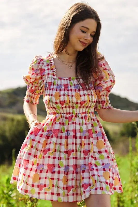 Fruits Printed Smocking Mini Dress