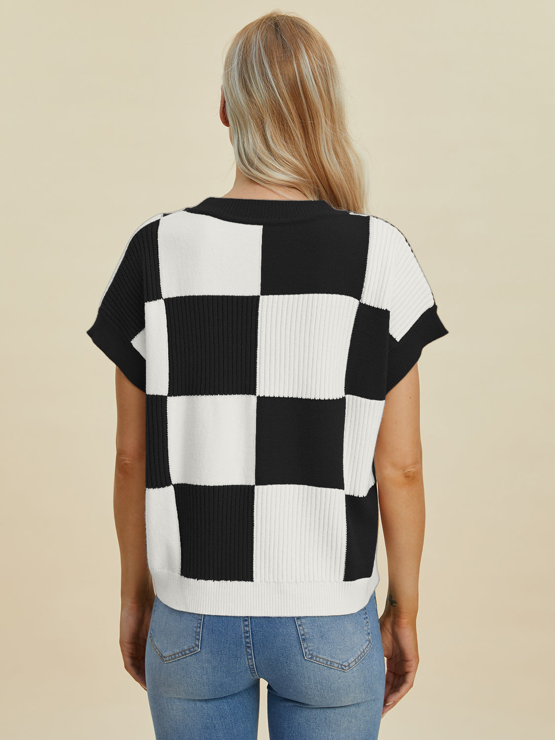 Full Size Chickened Round Neck Short Sleeve Sweater