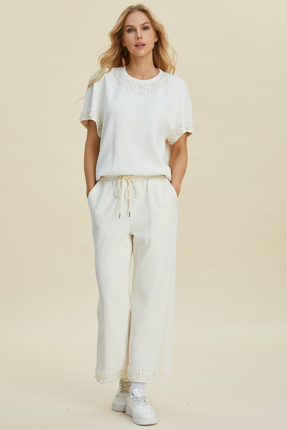 Full Size Pearl Detail Round Neck Top and Pants Set