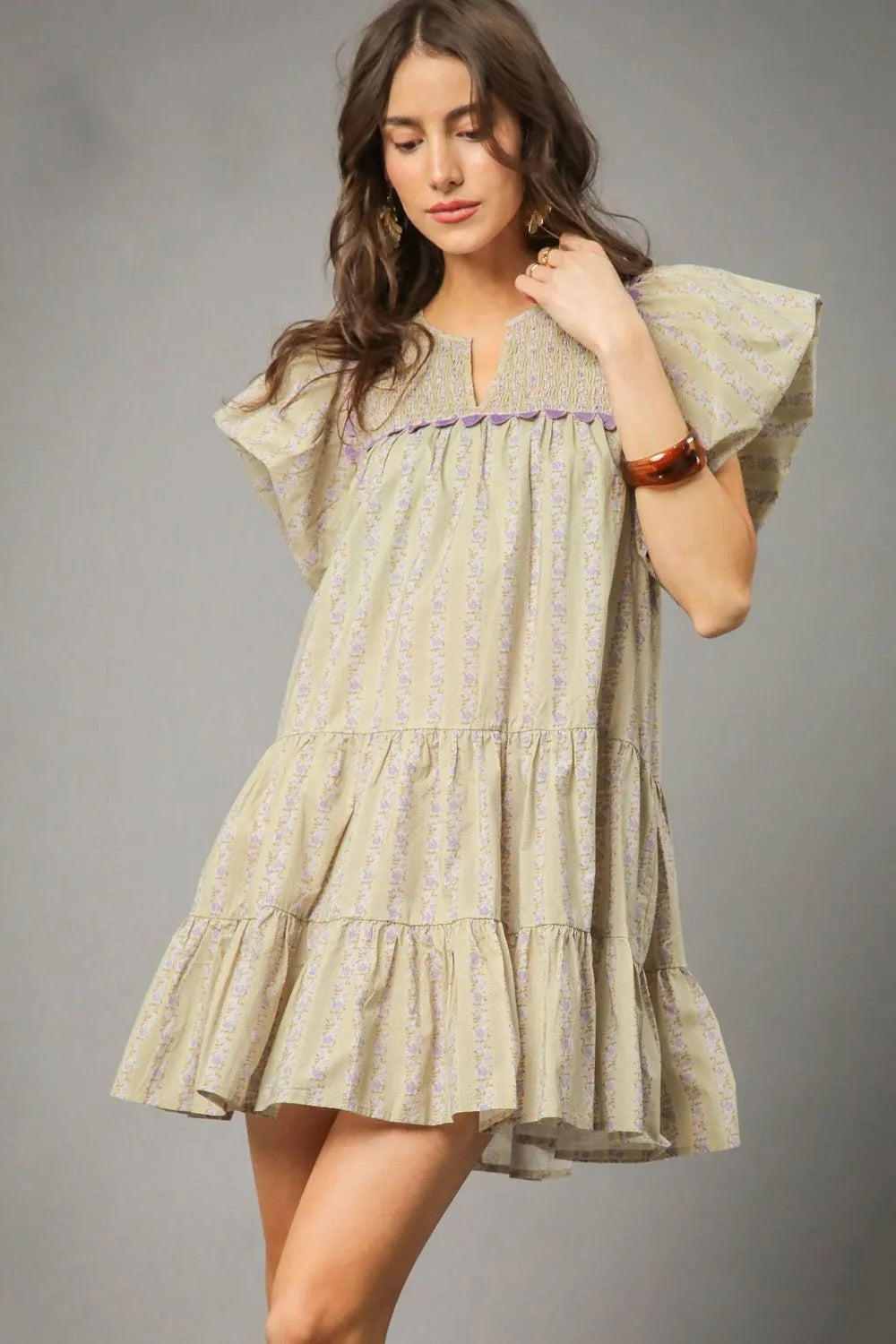 Floral Ruffled Cap Sleeve Tiered Mini Dress