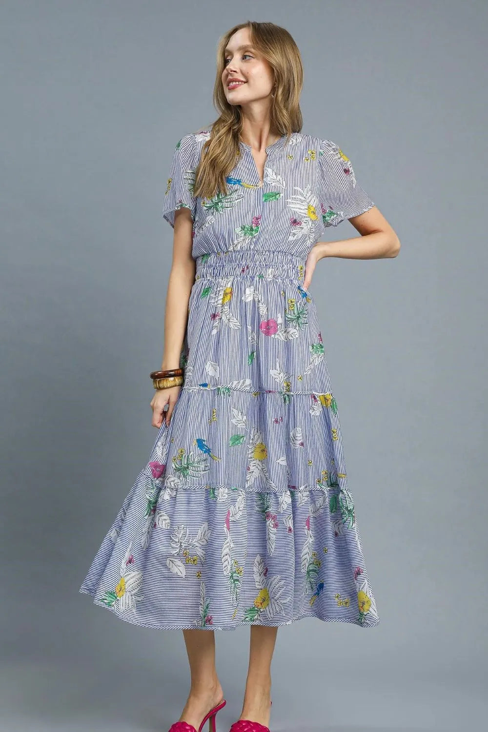 Smocked Waist Floral Short Sleeve Midi Dress