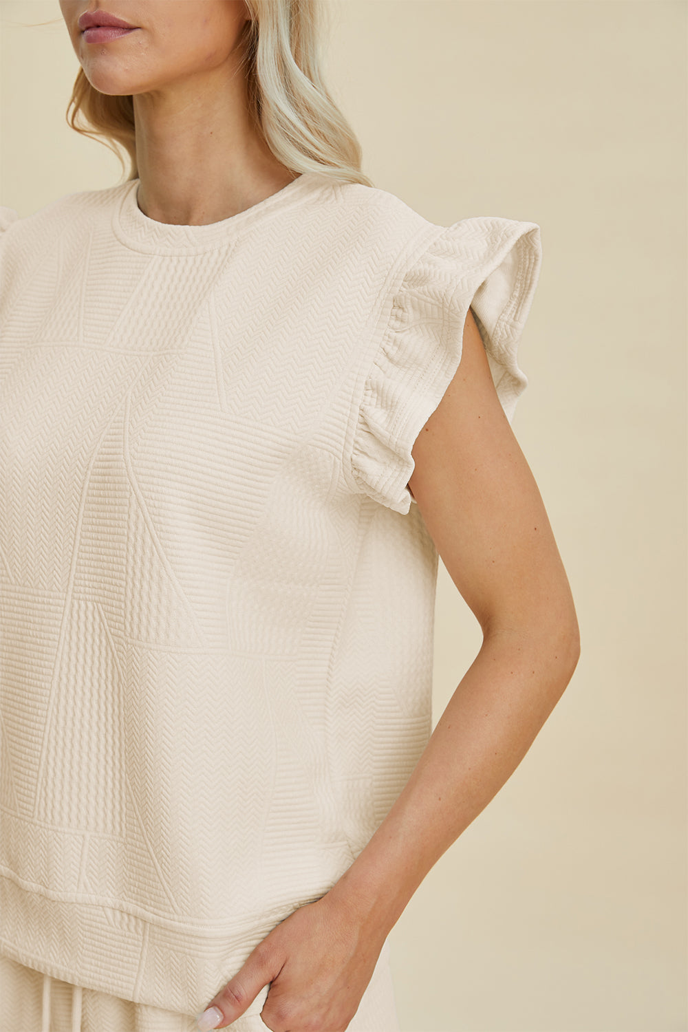 Full Size Texture Round Neck Ruffle Sleeve Top and Shorts Set