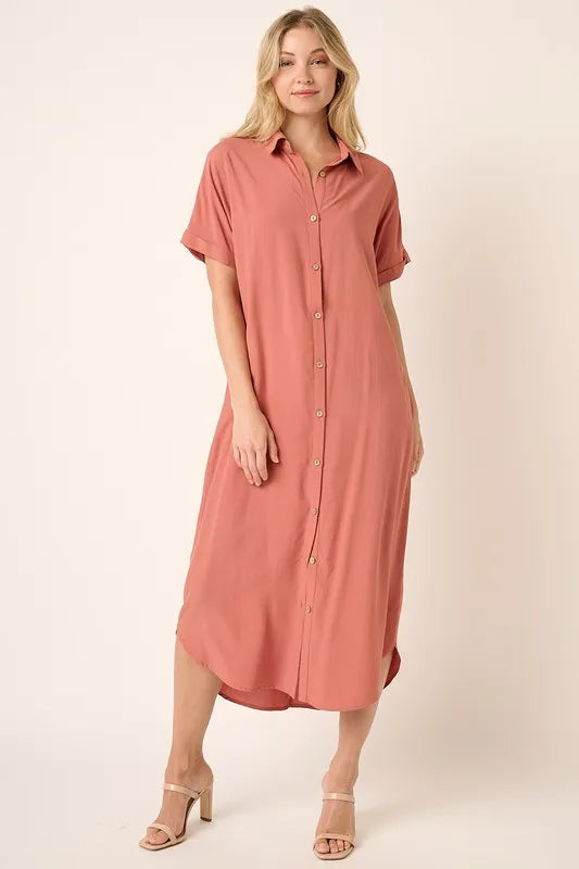 Collared Neck Dolman Short Sleeve Midi Shirt Dress