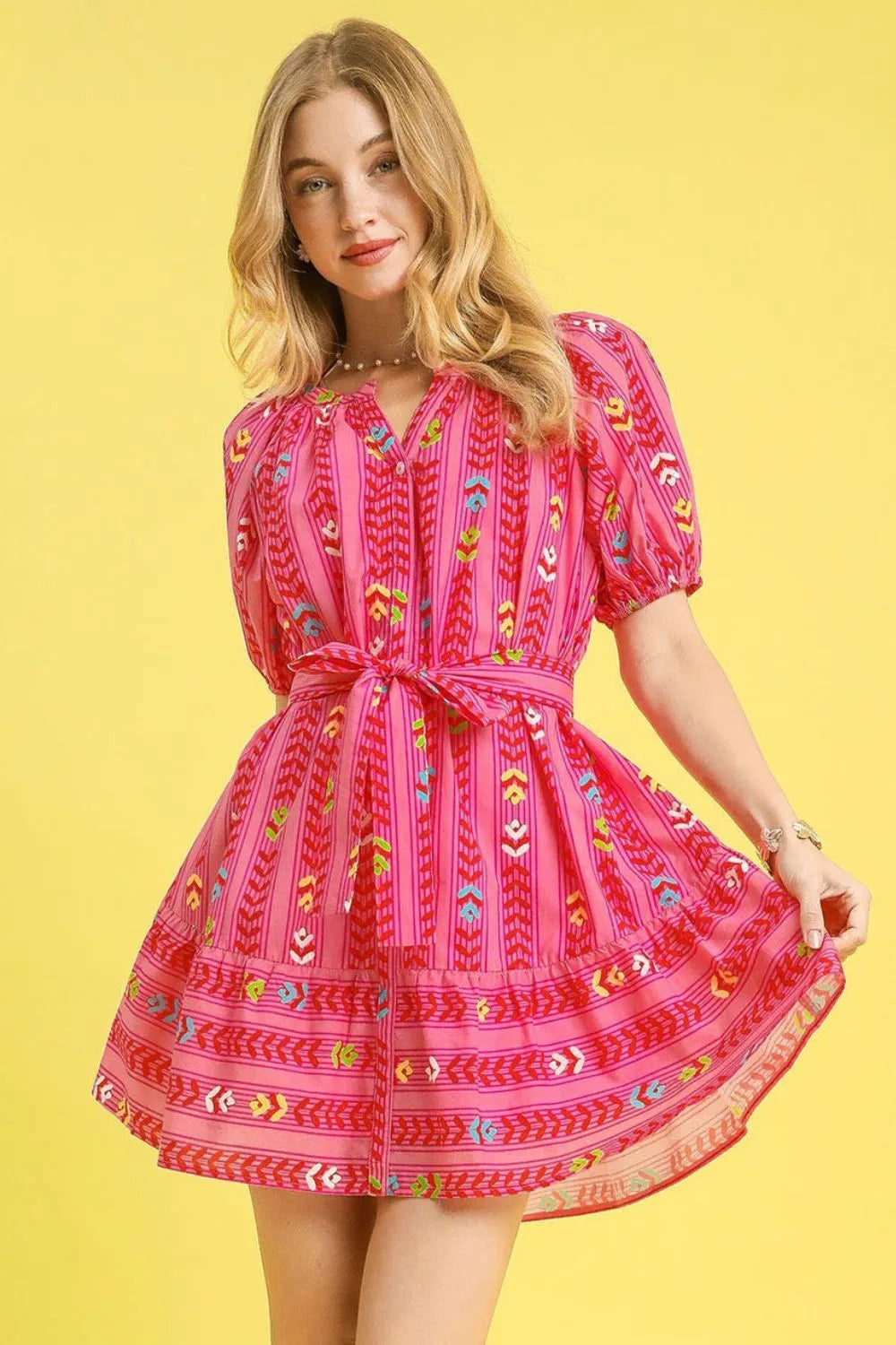 Printed Tie Waist Puff Short Sleeve Mini Dress