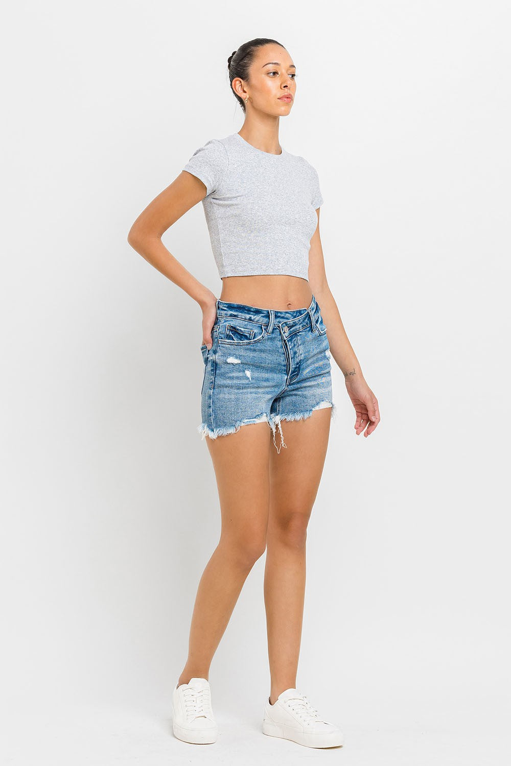 Stepped Waist Raw Hem Denim Shorts