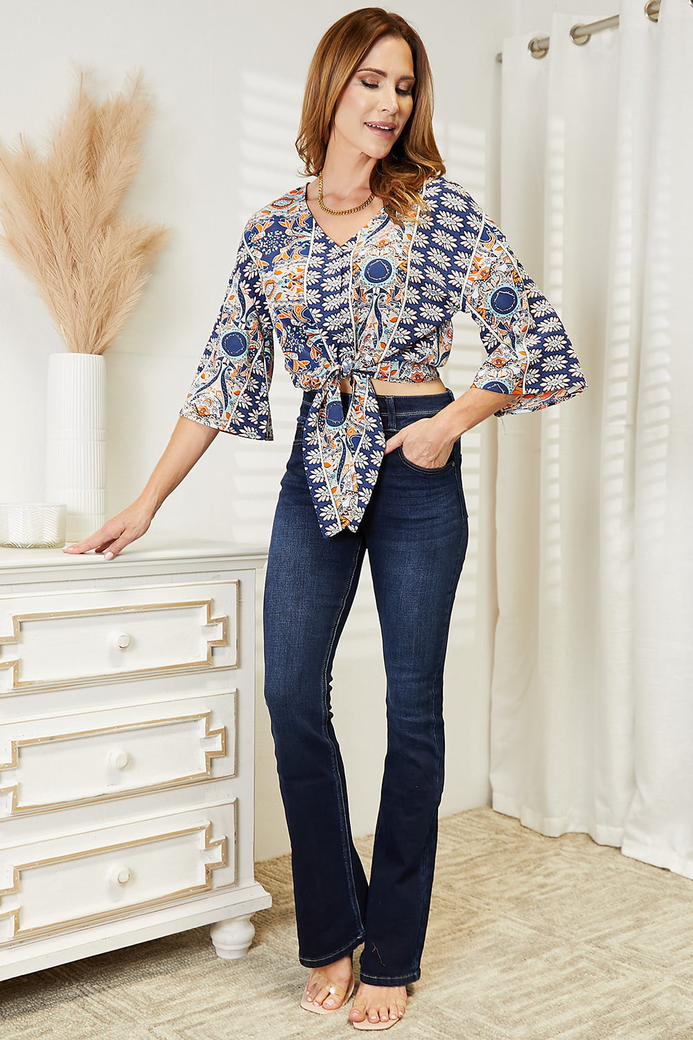 V-Neck Three-Quarter Sleeve Blouse