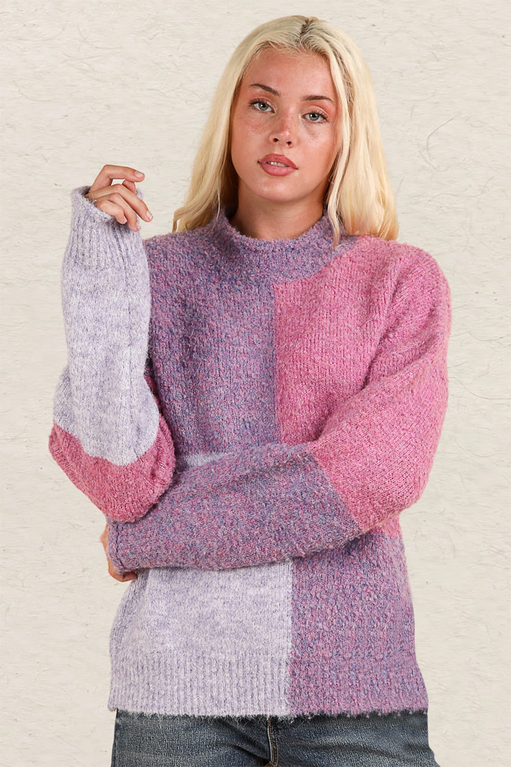 Colour Block Mock Neck Drop Shoulder Sweater