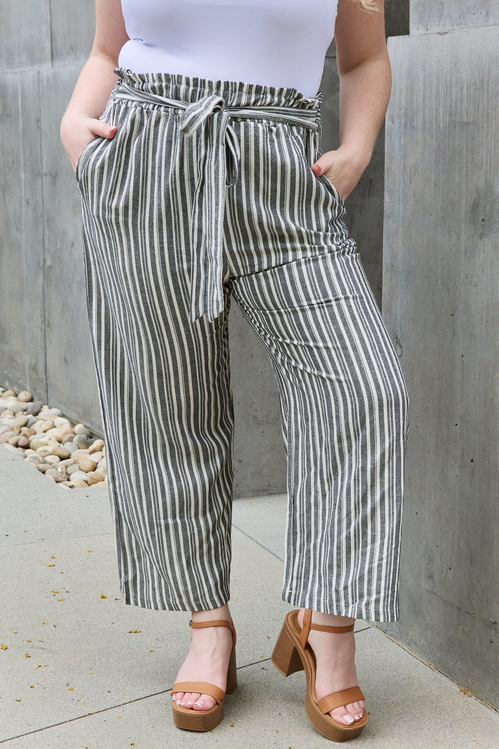 Full Size Paper bag Waist Striped Culotte Pants