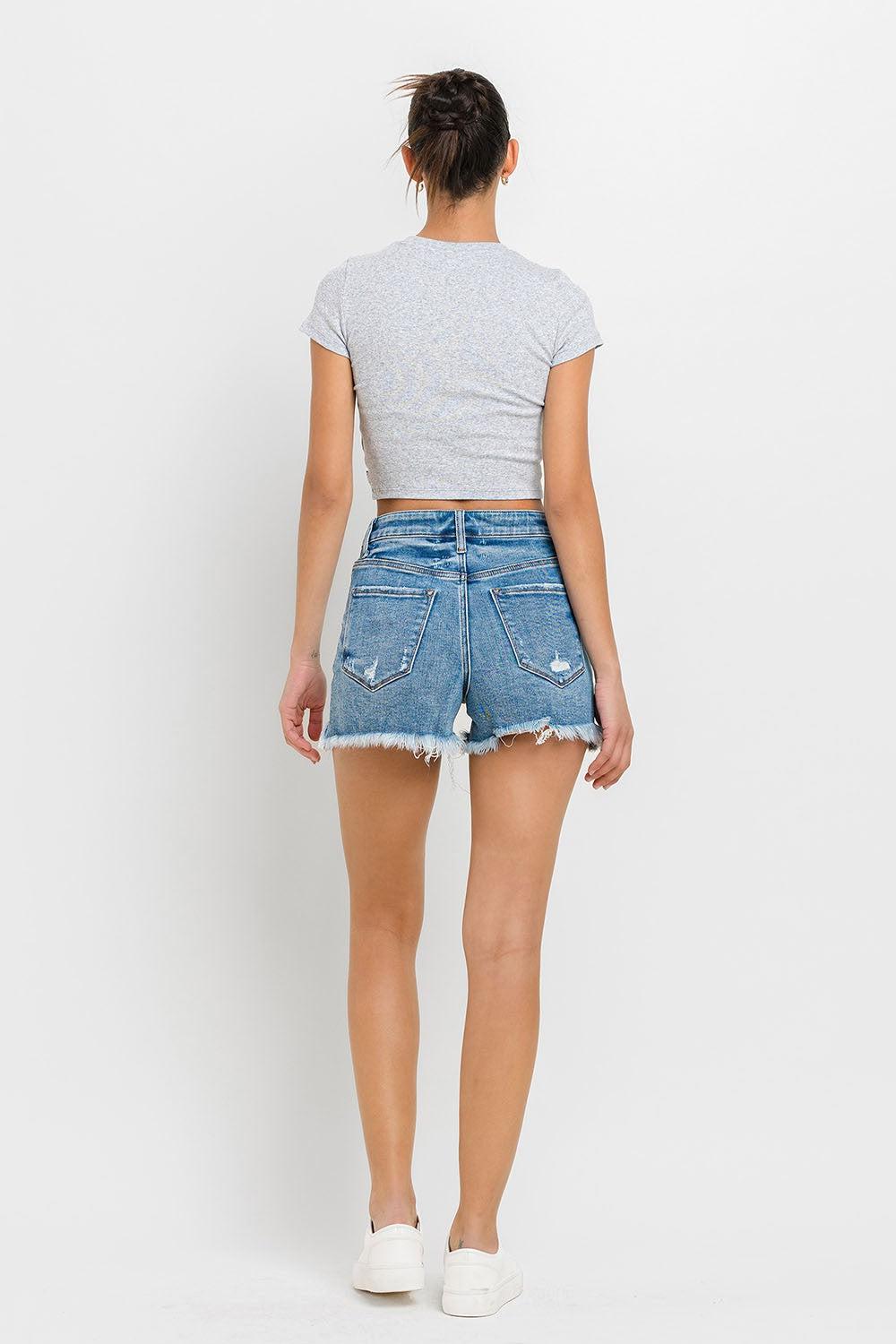 Stepped Waist Raw Hem Denim Shorts