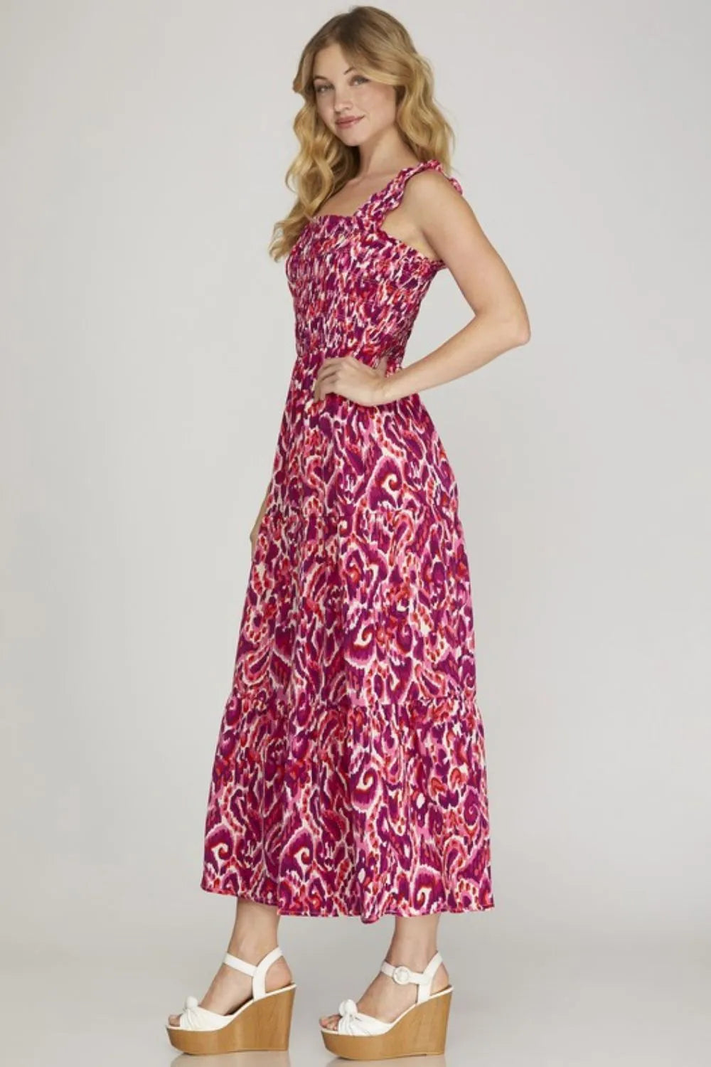 Smocked Printed Wide Strap Tiered Dress Plus Size