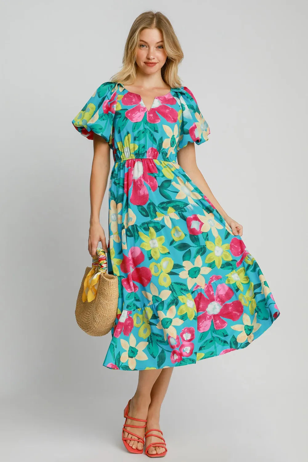 Tiered Floral Print Notched Puff Sleeve Midi Dress Plus Size